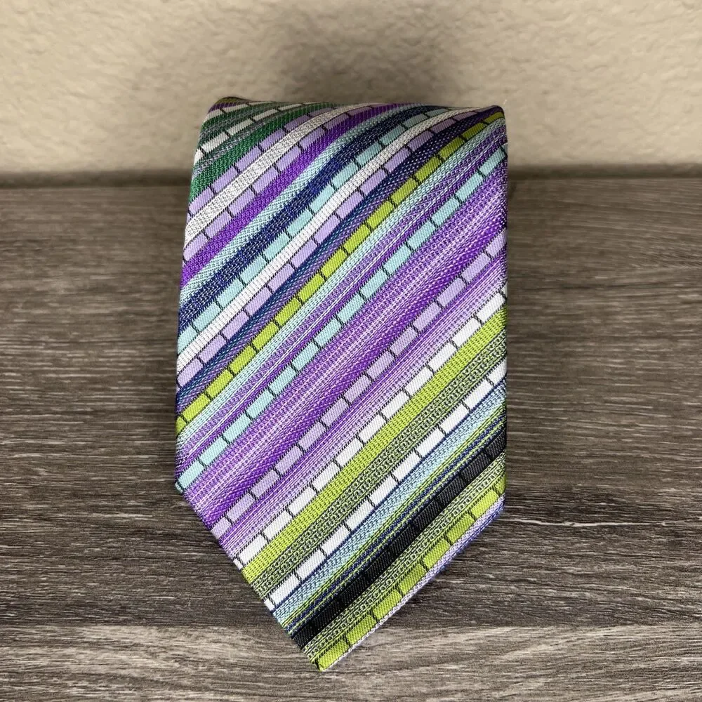 Missoni Geometric Striped Silk Necktie Purple Green Luxury Designer Italy 60